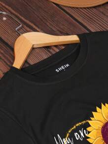 SHEIN LUNE Áo thun nữ Hoa Slogan Giải trí - màu đen - Xem 3