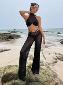 SHEIN X Doris Jocelyn SHEIN ICON 素色褶邊網紗長褲不帶內褲 - 黑色 - 查看 3