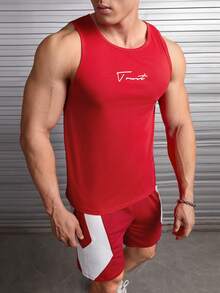 GENTILAND Men Letter Graphic Tank Top & Shorts - Red and White - View 4