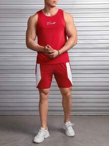 GENTILAND Men Letter Graphic Tank Top & Shorts - Red and White - View 3