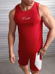 GENTILAND Men Letter Graphic Tank Top & Shorts - Red and White - View 5