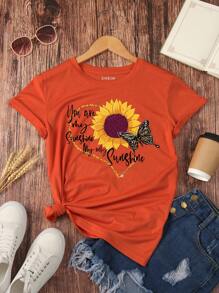 INAWLY Camiseta con girasol con con estampado de mariposa - Naranja Quemada - Ver 1