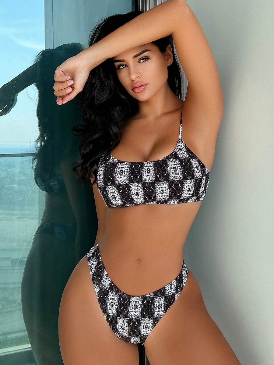 SHEIN Swim Summer Plaid Print Smocked Bikini Set - Black and White - View 1