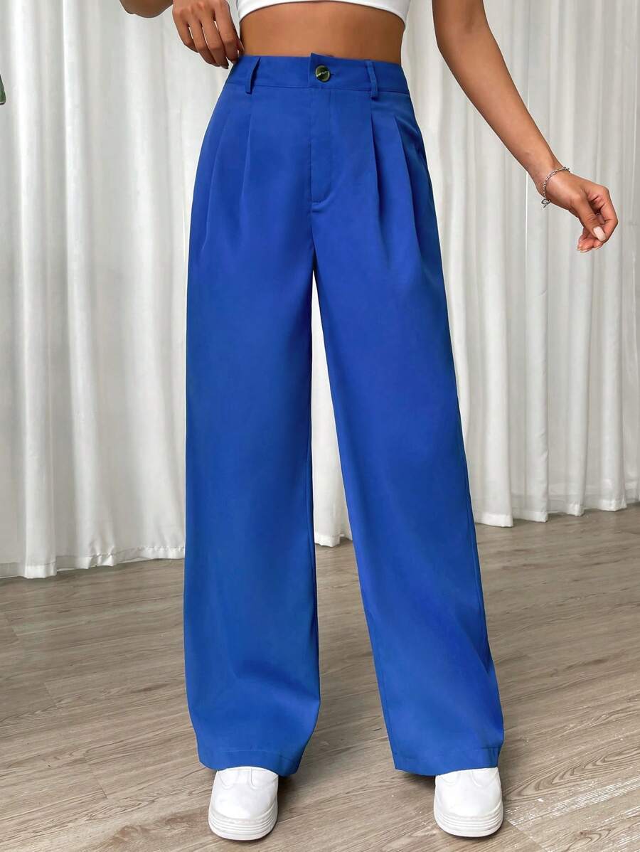 SHEIN EZwear 拼接細節闊腿褲 - 藍色 - 查看 1