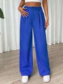 SHEIN EZwear 拼接細節闊腿褲 - 藍色 - 查看 3