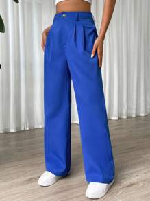 SHEIN EZwear 拼接細節闊腿褲 - 藍色 - 查看 5