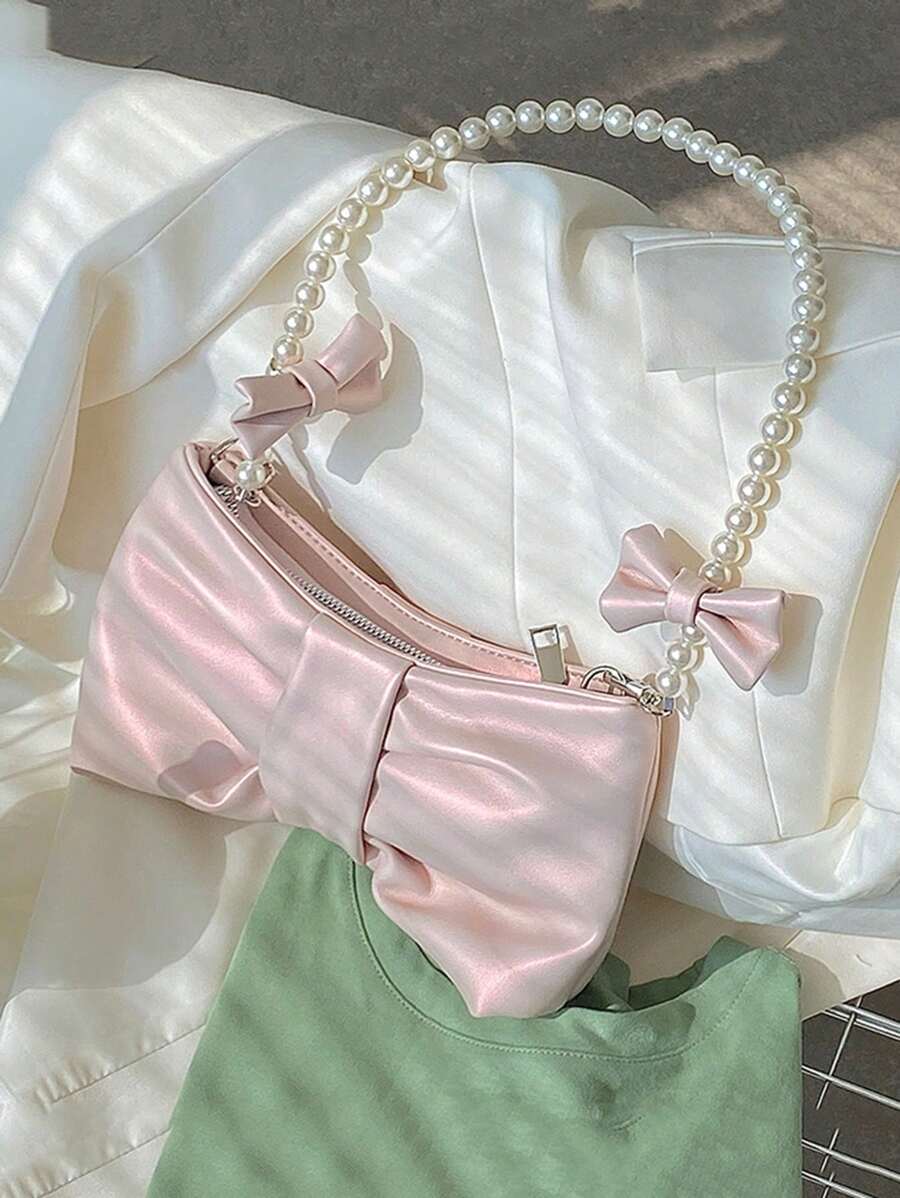 珍珠串珠雲朵包蝴蝶結裝飾粉色 - 粉色 - 查看 1