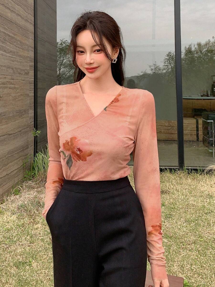 DAZY Floral Print V Neck Mesh Top - Watermelon Pink - View 1