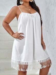 SHEIN VCAY 大碼流蘇下擺吊帶連衣裙 - 白色 - 查看 5