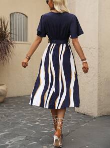 SHEIN LUNE Colourblock Butterfly Sleeve Belted Dress - Navy Blue - View 2