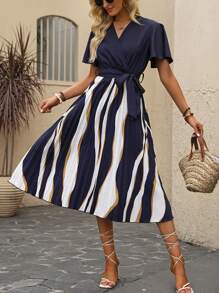 SHEIN LUNE Colourblock Butterfly Sleeve Belted Dress - Navy Blue - View 4