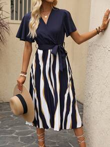 SHEIN LUNE Colourblock Butterfly Sleeve Belted Dress - Navy Blue - View 5