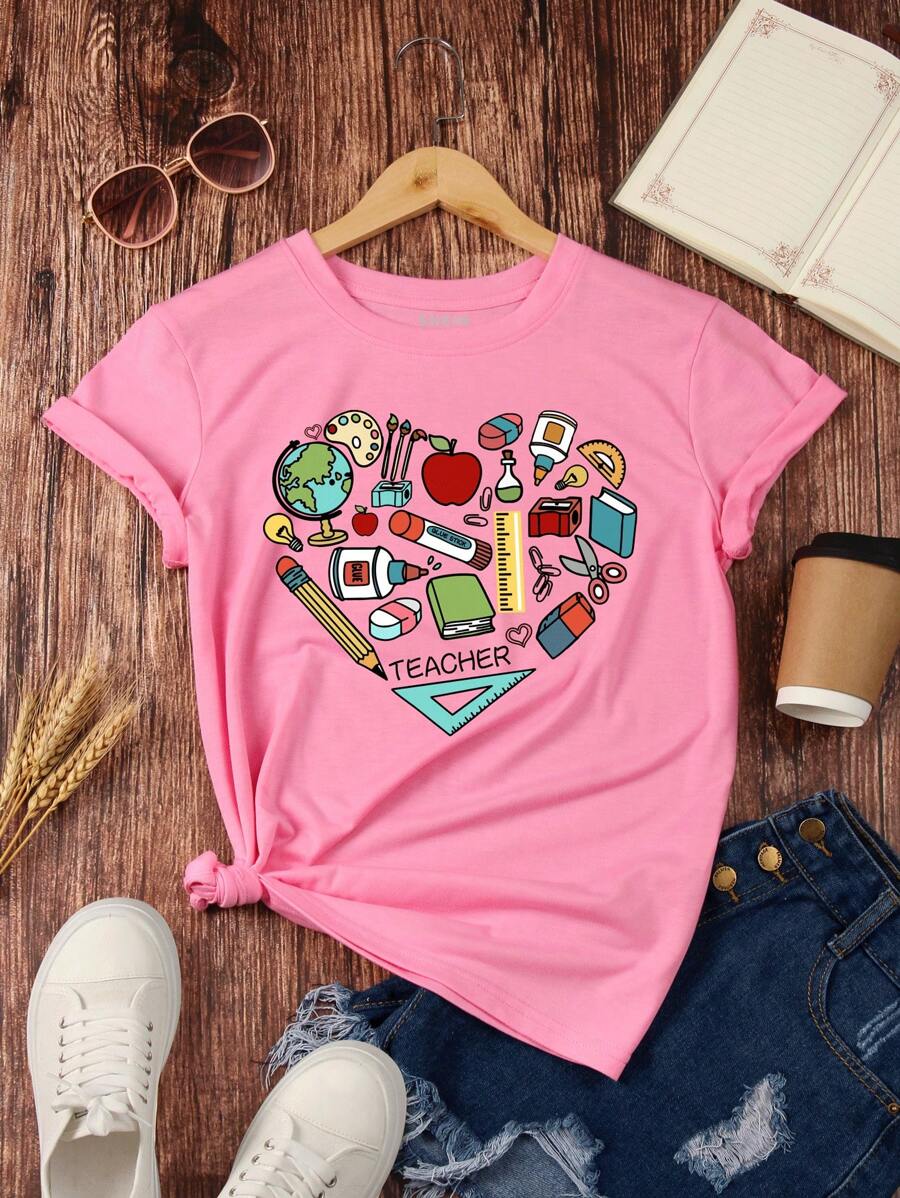 INAWLY Letter And Cartoon Graphic Tee - Pink - View 1