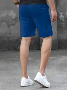 Manfinity Homme 宽松男士字母拼接抽绳腰短裤 - 寶藍色 - 查看 2