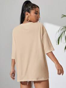 SHEIN EZwear 熱帶和標語圖案落肩袖超大號T恤 - 杏色 - 查看 2