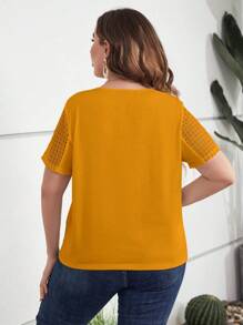 SHEIN LUNE Áo thun Plus size Tương phản ren màu trơn Giải trí - Màu Mù tạt vàng - Xem 2