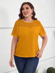 SHEIN LUNE Áo thun Plus size Tương phản ren màu trơn Giải trí - Màu Mù tạt vàng - Xem 3