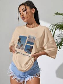 SHEIN EZwear 熱帶和標語圖案落肩袖超大號T恤 - 杏色 - 查看 3