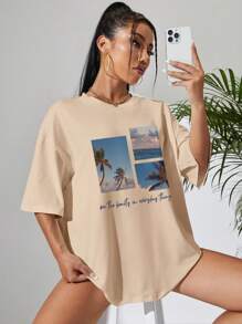 SHEIN EZwear 熱帶和標語圖案落肩袖超大號T恤 - 杏色 - 查看 5