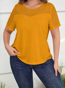SHEIN LUNE Áo thun Plus size Tương phản ren màu trơn Giải trí - Màu Mù tạt vàng - Xem 5