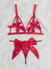 Plus Bow Front Cut Out Lingerie Set - Red - View 4