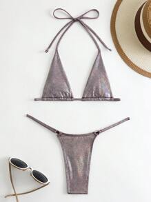 Swim SXY Summer Beach Solid Halter Triangle Bikini Set Sexy Bikini Set - Purple - View 3