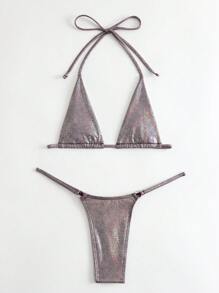Swim SXY Summer Beach Solid Halter Triangle Bikini Set Sexy Bikini Set - Purple - View 6