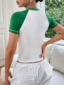 SHEIN EZwear Colourblock Raglan Sleeve Crop Tee - Green - View 2