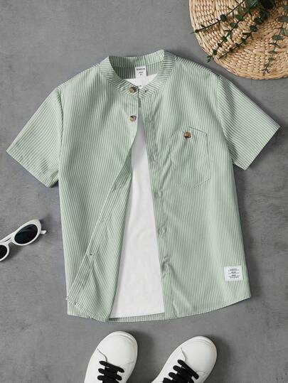 SHEIN 大童男款條紋印花拼接細節襯衫（不帶內搭）
