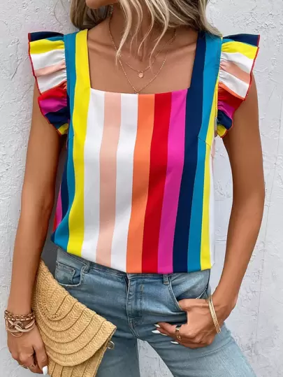 SHEIN VCAY 條紋印花方領荷葉邊襯衫