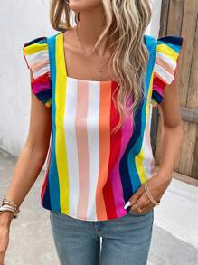 SHEIN VCAY 條紋印花方領荷葉邊襯衫 - 彩色 - 查看 3