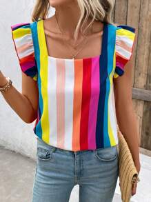 SHEIN VCAY 條紋印花方領荷葉邊襯衫 - 彩色 - 查看 4