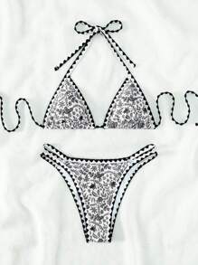 SHEIN Swim Summer Beach Floral Print Halter Triangle Bikini Set