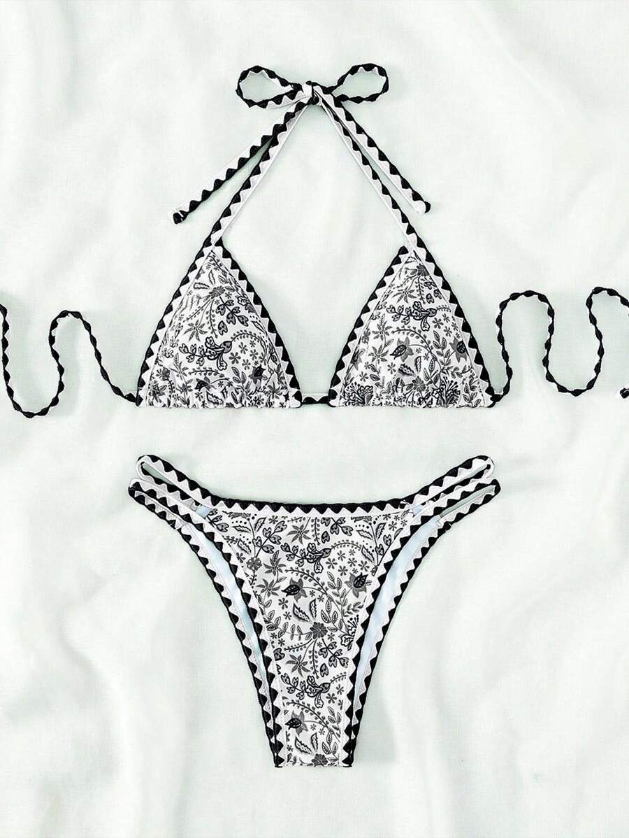 SHEIN Swim Summer Beach Floral Print Halter Triangle Bikini Set