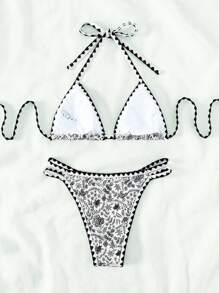 SHEIN Swim Summer Beach Floral Print Halter Triangle Bikini Set