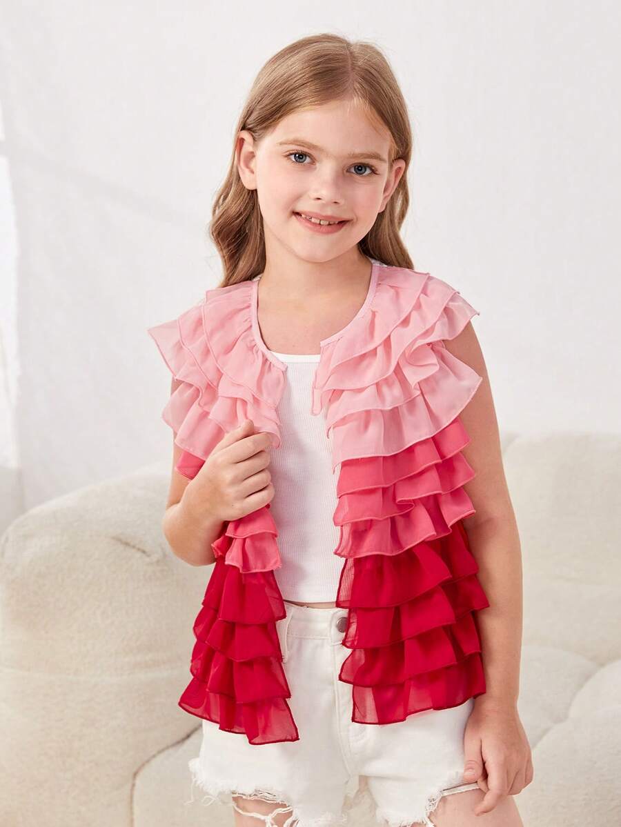 THE LOFTY MOM Girls Colourblock Ruffle Trim Vest Jacket Without Tank Top - Multicolor - View 1