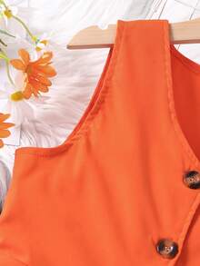 SHEIN Đầm Gái Túi Nút phía trước màu trơn Giải trí - trái cam - Xem 5