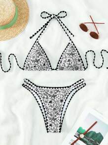 SHEIN Swim Summer Beach Floral Print Halter Triangle Bikini Set