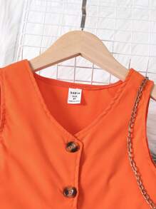 SHEIN Đầm Gái Túi Nút phía trước màu trơn Giải trí - trái cam - Xem 6