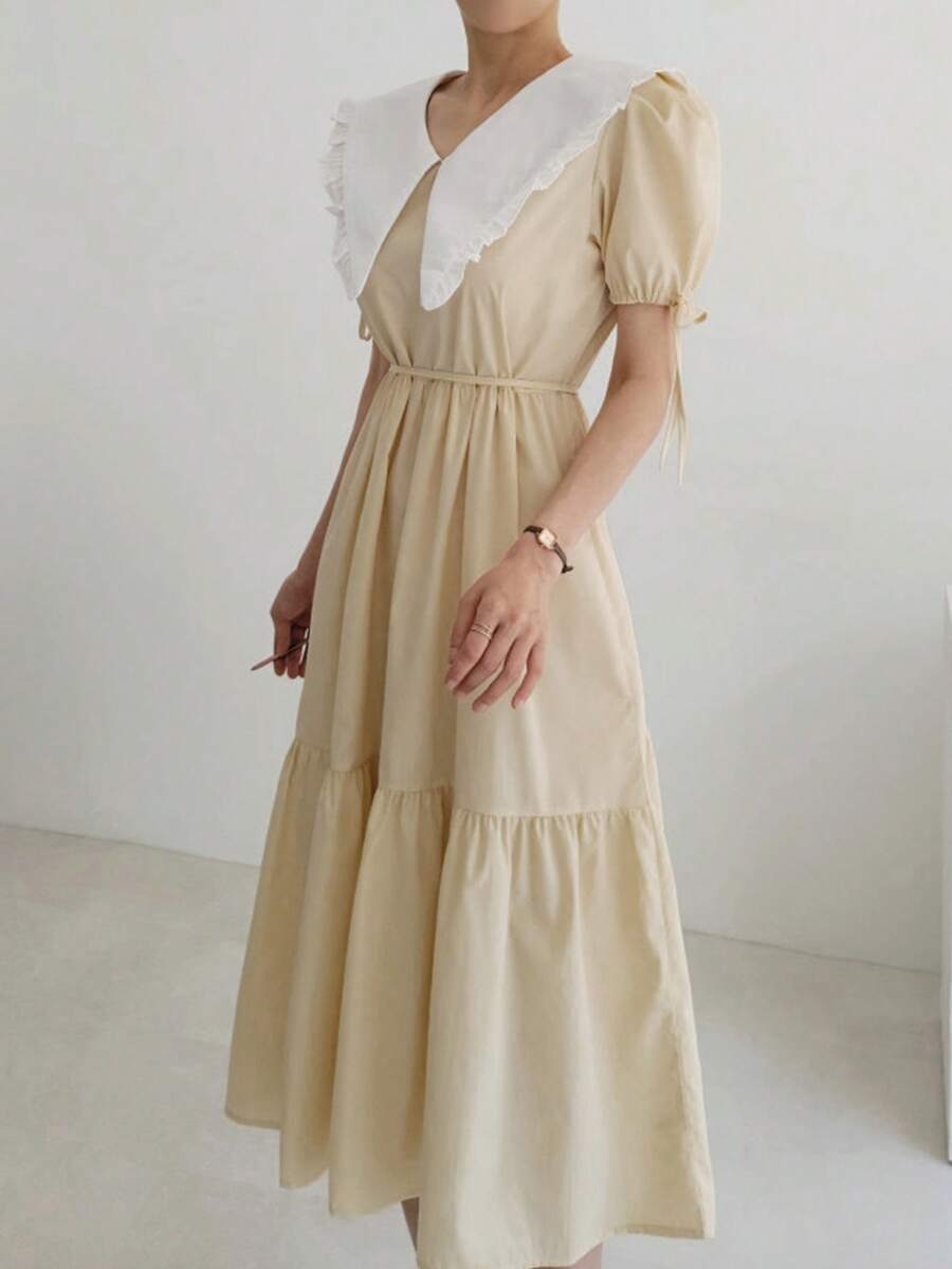 Vestido en contraste de cuello exagerado de manga farol bajo con fruncido - Albaricoque - Ver 1