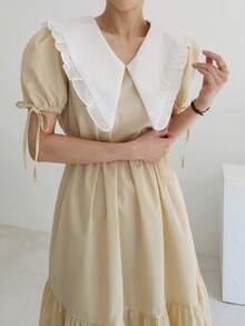 Vestido en contraste de cuello exagerado de manga farol bajo con fruncido - Albaricoque - Ver 4