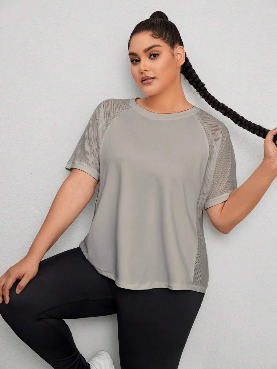SHEIN Rhythm Era Camiseta deportiva de manga raglán de talla grande y color sólido para mujeres - Gris - Ver 1