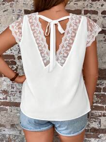 SHEIN LUNE 大碼網紗拼接刺繡後綁帶襯衫 - 白色 - 查看 4