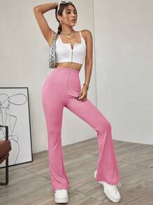 SHEIN EZwear Quần nữ Gân đan màu trơn Giải trí - Hồng - Xem 4