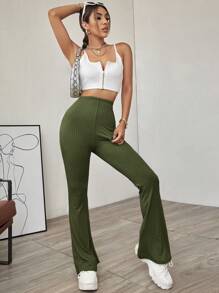 SHEIN EZwear Quần nữ Gân đan màu trơn Giải trí - xanh quân đội - Xem 4