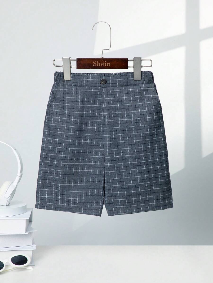 SHEIN 男孩格紋印花斜口袋短褲