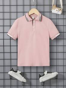 SHEIN Tween Boy Casual Ribbed Polo Collar Half-Zip Solid Color Knit Pullover