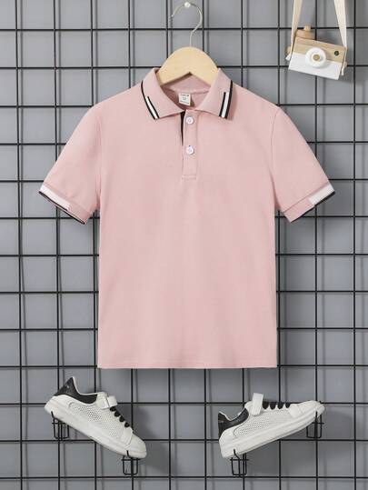 SHEIN 青少年男孩休闲罗纹马球领半拉链纯色针织套头衫