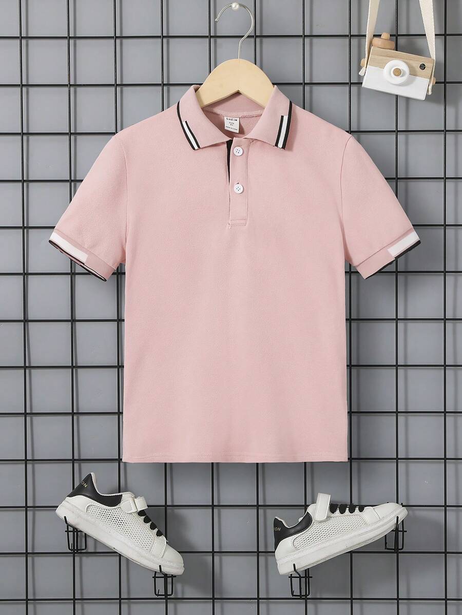 SHEIN Tween Boy Casual Ribbed Polo Collar Half-Zip Solid Color Knit Pullover