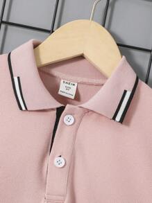 SHEIN Tween Boy Casual Ribbed Polo Collar Half-Zip Solid Color Knit Pullover